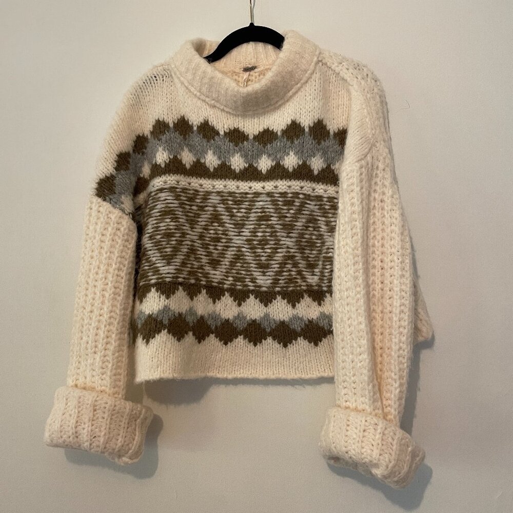 Free People Alpine Pullover Snowy Forest Crop Wool Blend Mock Neck Sweater XS
